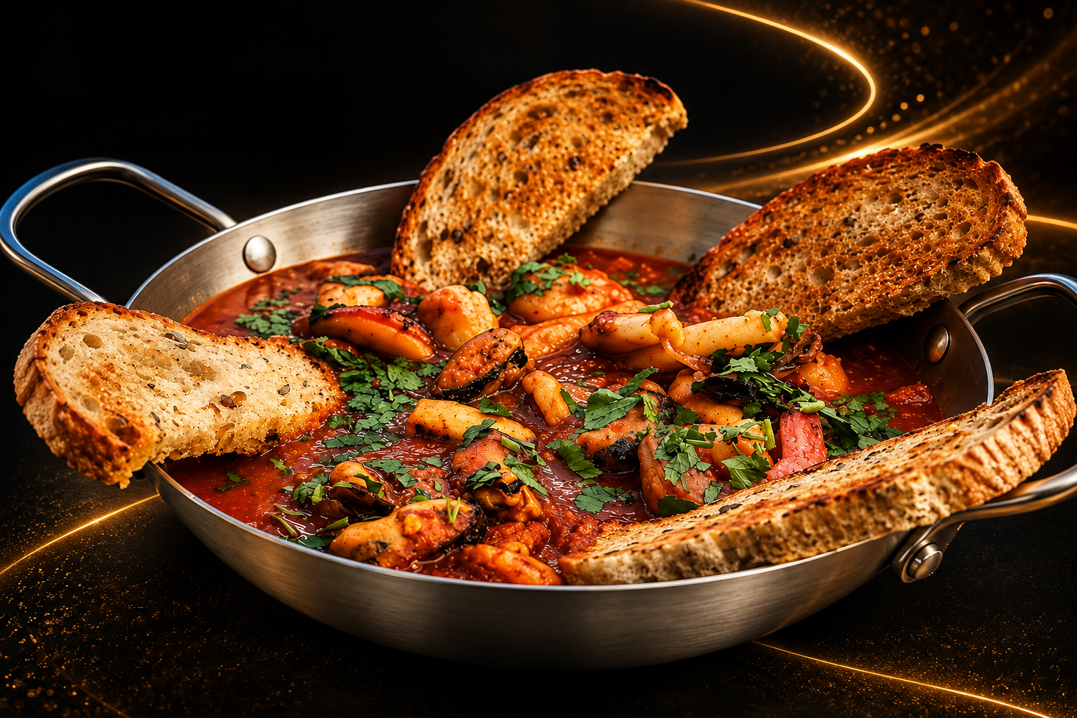 Mâncare delicioasă cu fructe de mare, servită într-un vas metalic alături de felii de pâine prăjită.