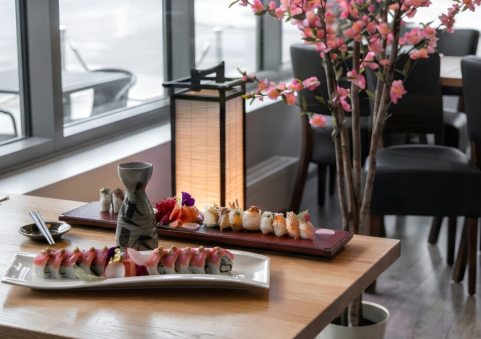 Elegancka restauracja z sushi, lampionem, różowymi kwiatami i drewnianym stołem.