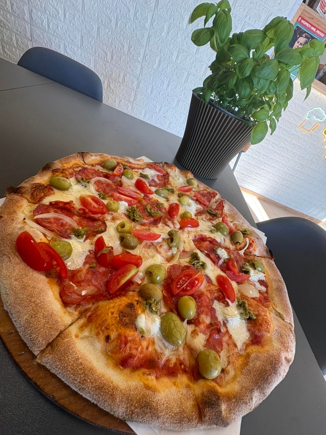 Pizza z salami, pomidorami i oliwkami, podana na czarnym stole obok doniczki z rośliną.