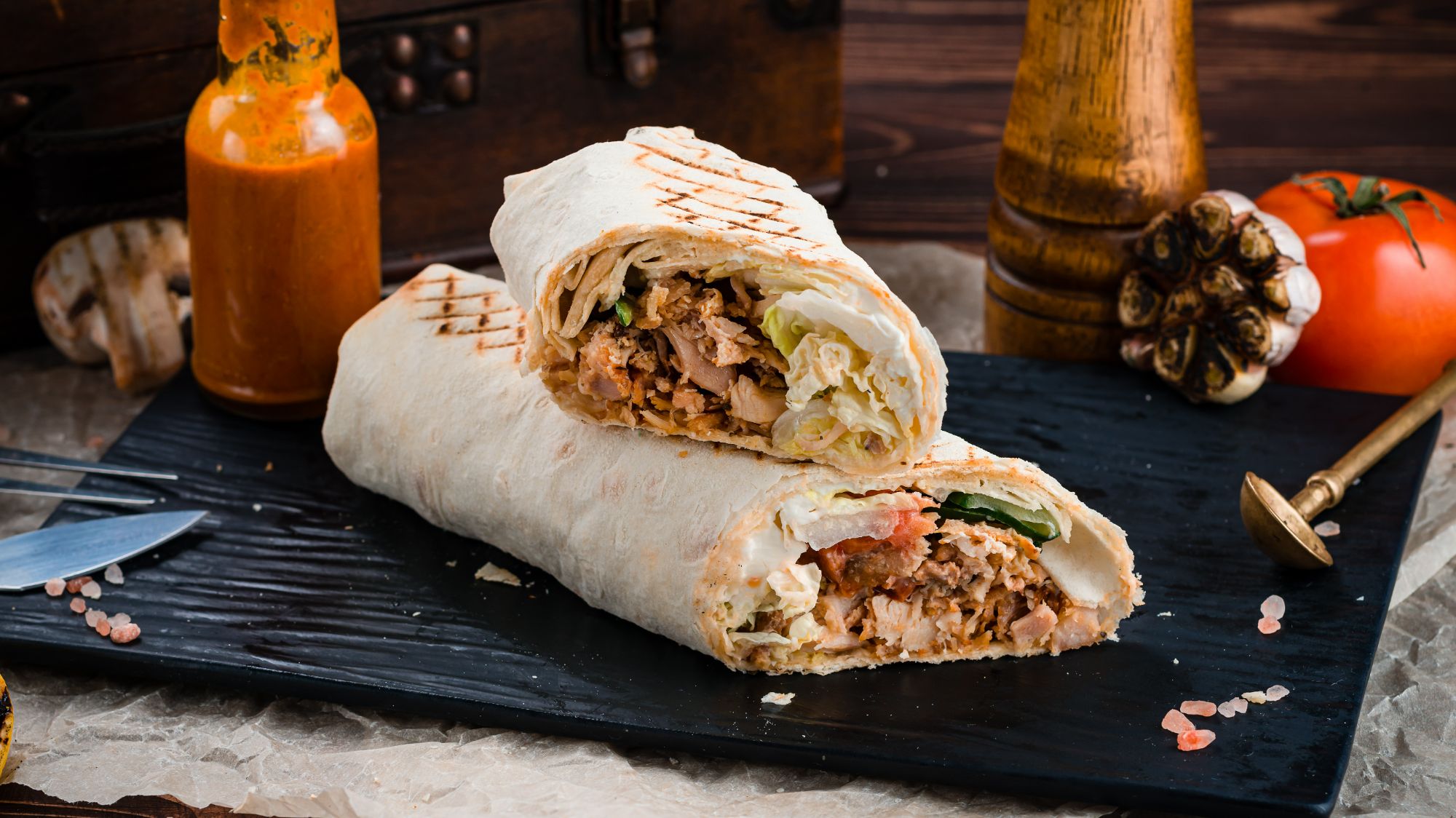 Podwójny kebab w tortilli z mięsem, sałatą i sosem na czarnej tacce, obok przyprawy i warzywa.