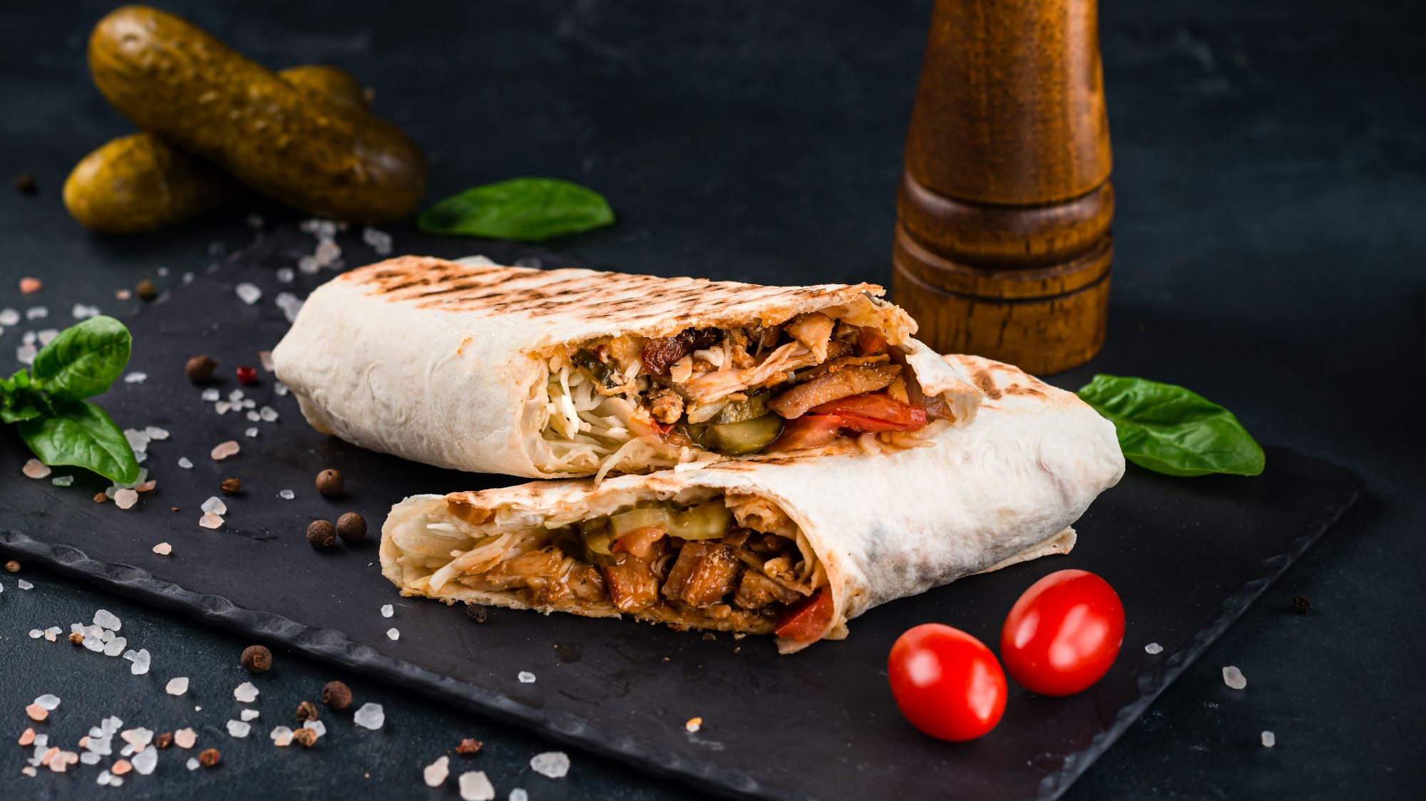 Tortilla z mięsem, warzywami i przyprawami, podana na czarnej desce z dodatkami, jak ogórki i pomidorki.