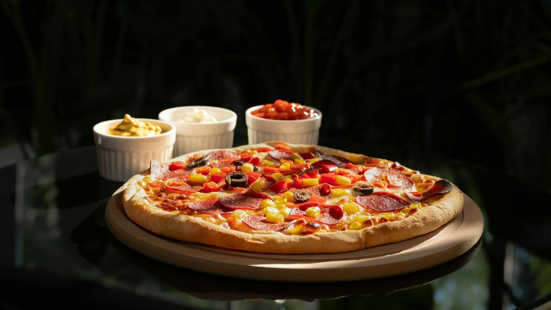 Pizza cu pepperoni, ardei și măsline, servită cu sosuri: muștar, smântână și salsa.