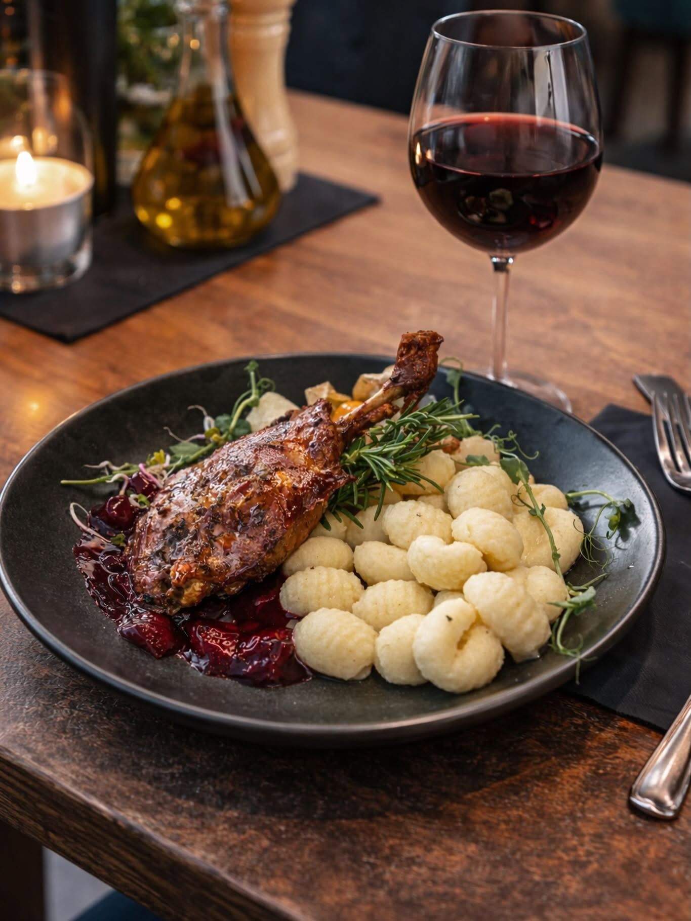 Pieczona kaczka z puree gnocchi, sos żurawinowy, z kieliszkiem czerwonego wina w eleganckiej restauracji.