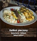 Baked halibut (+/-170g) with horseradish-honey sauce and fried potatoes