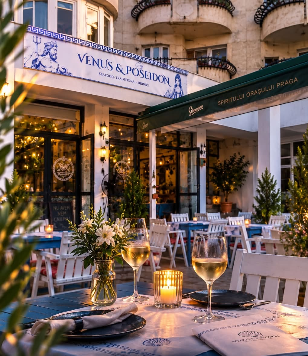Restaurantul Venus & Poseidon, cu mese elegante, flori și lumânări, se află într-o seară plăcută.