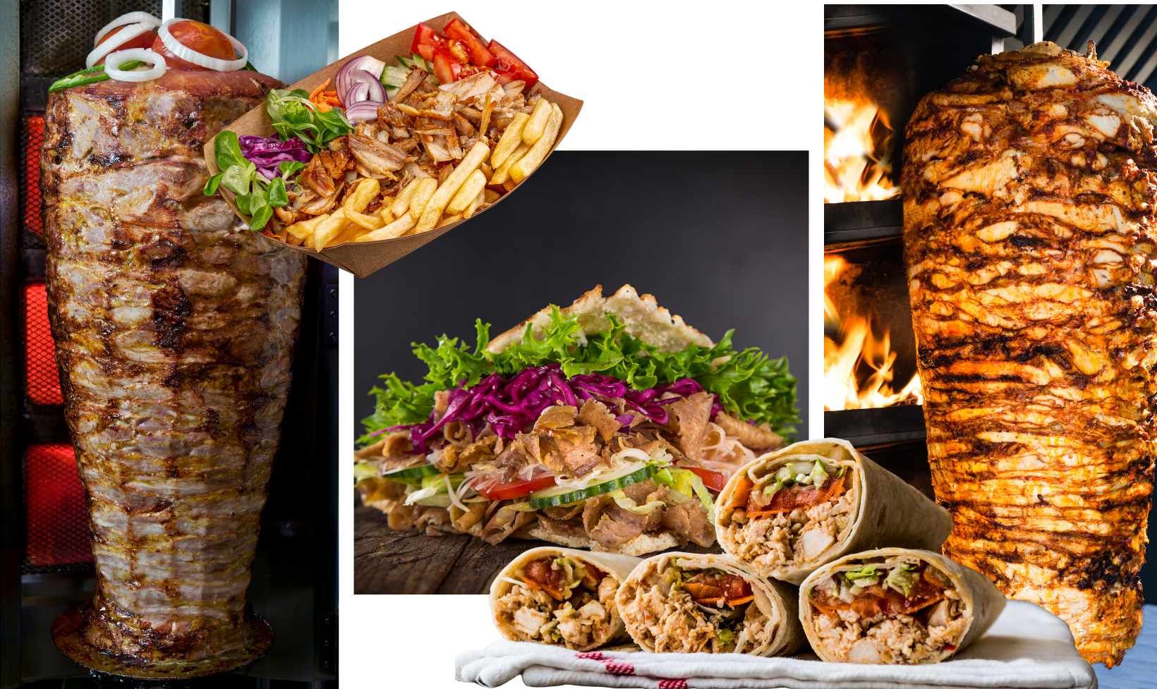 Obrazek przedstawia kebab z mięsem, frytkami, sałatkami i kanapkami na tle grilla.