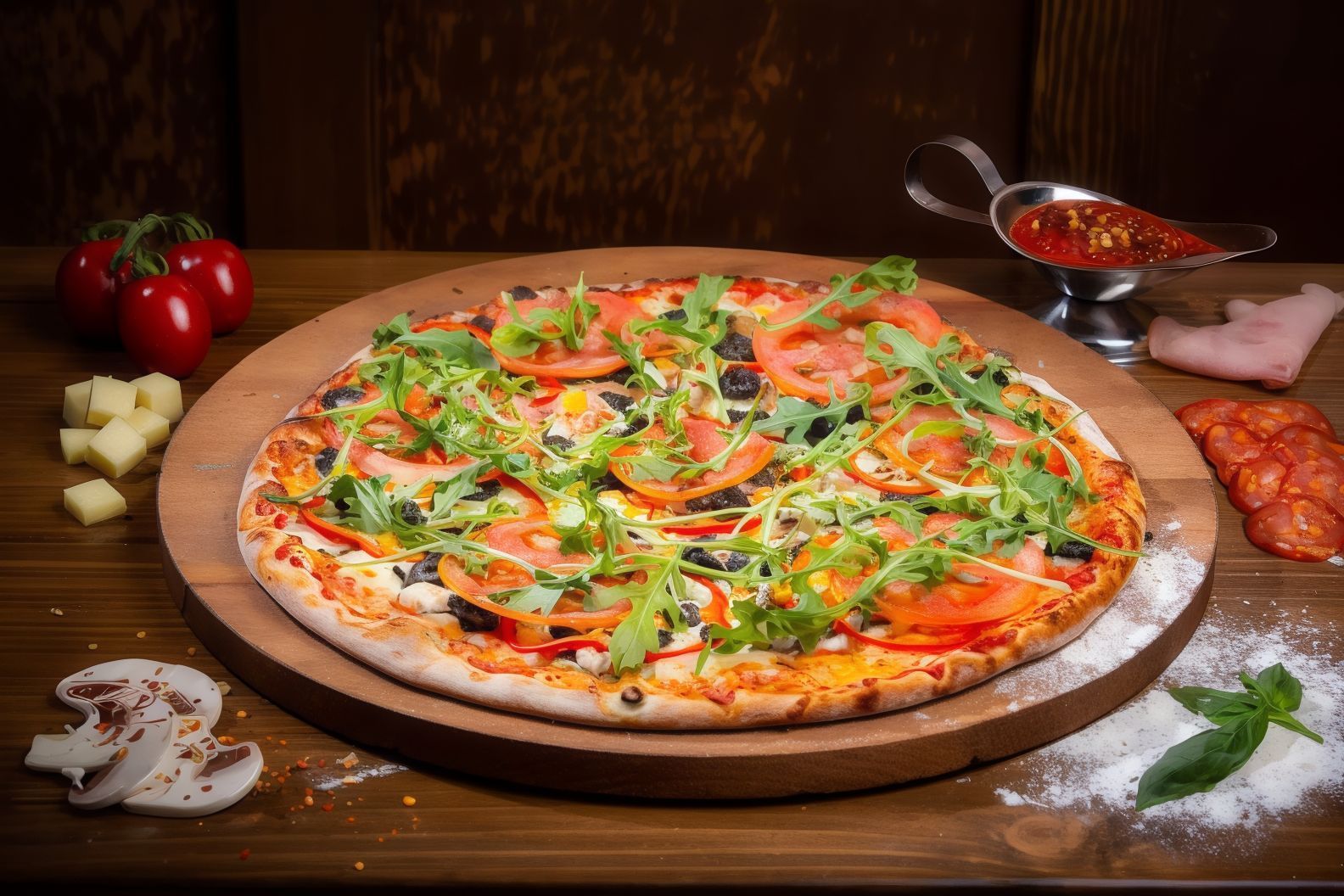 Pizza delicioasă cu roșii, arugula, măsline și salam, alături de sos de roșii și brânză.