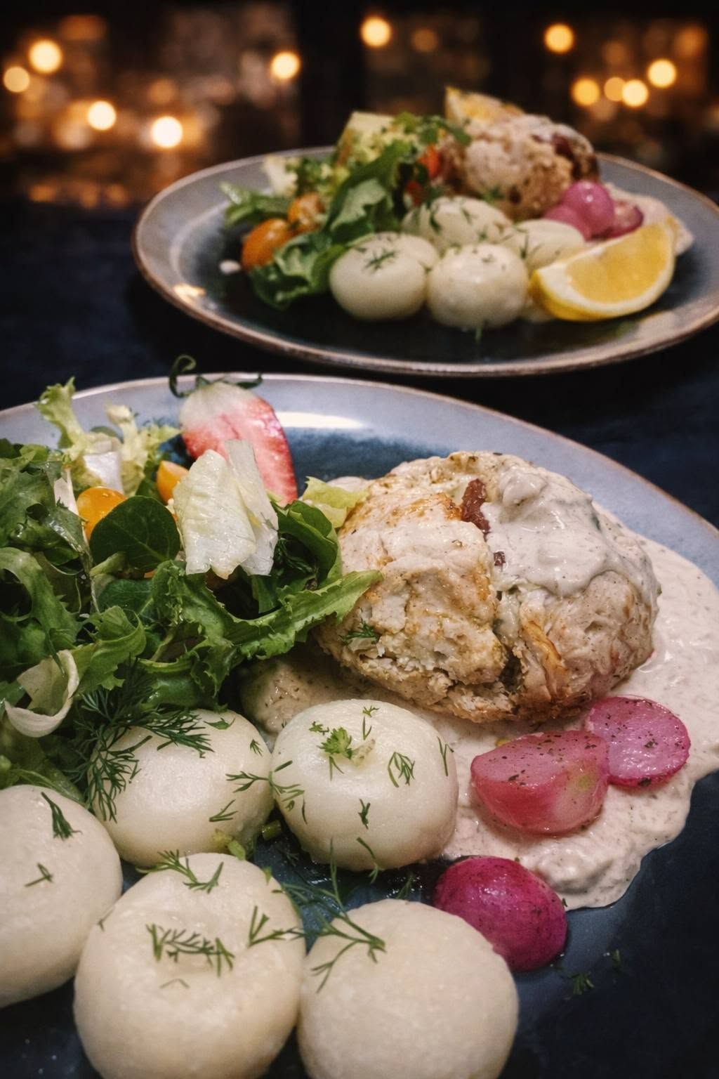 Dwa talerze jedzenia: kotlet, kluski, sałatka z warzyw i cytryna, podane przy stonowanym tle.