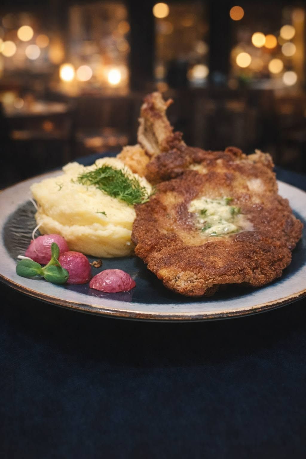 Złocista panierowana kotlet schabowy z puree ziemniaczanym i różowym chrzanem na talerzu.