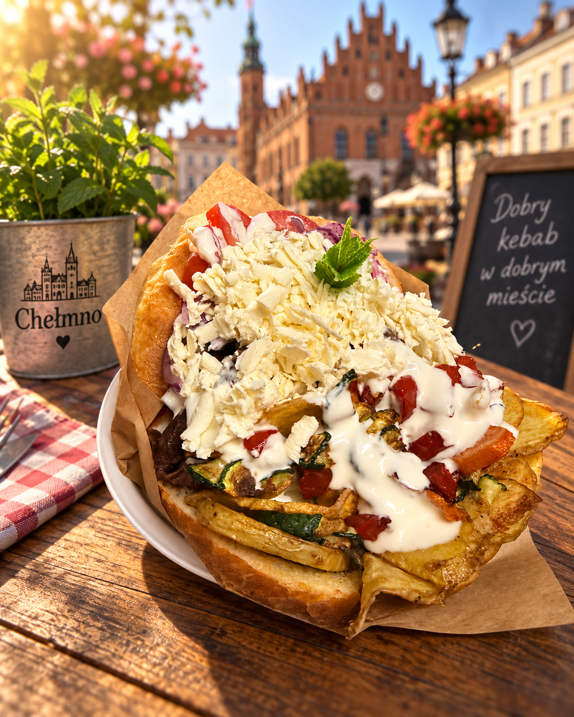 Pyszny kebab w dużej bułce z warzywami, sosem czosnkowym na tle rynku w Chełmnie.