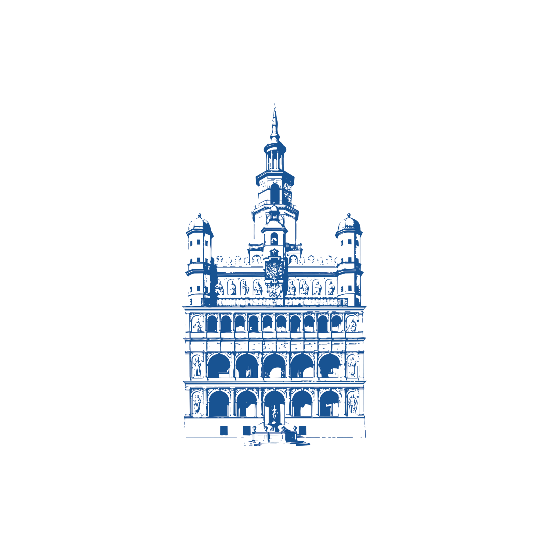Zarys architektoniczny zabytkowego ratusza z wieżą i detalami dekoracyjnymi.