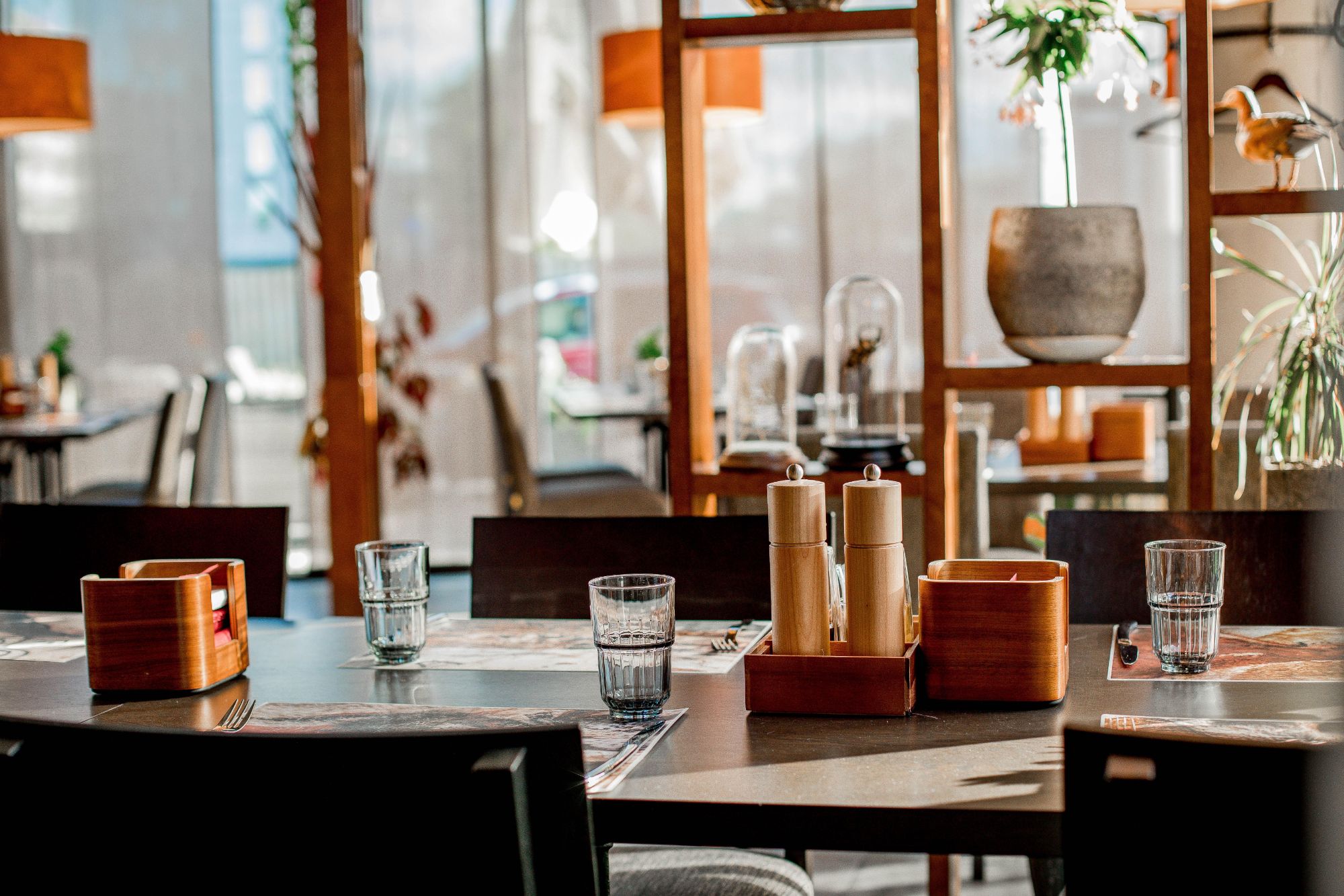 Elegancka restauracja z drewnianymi meblami, szklankami i przyprawami na stole, w tle rośliny doniczkowe.