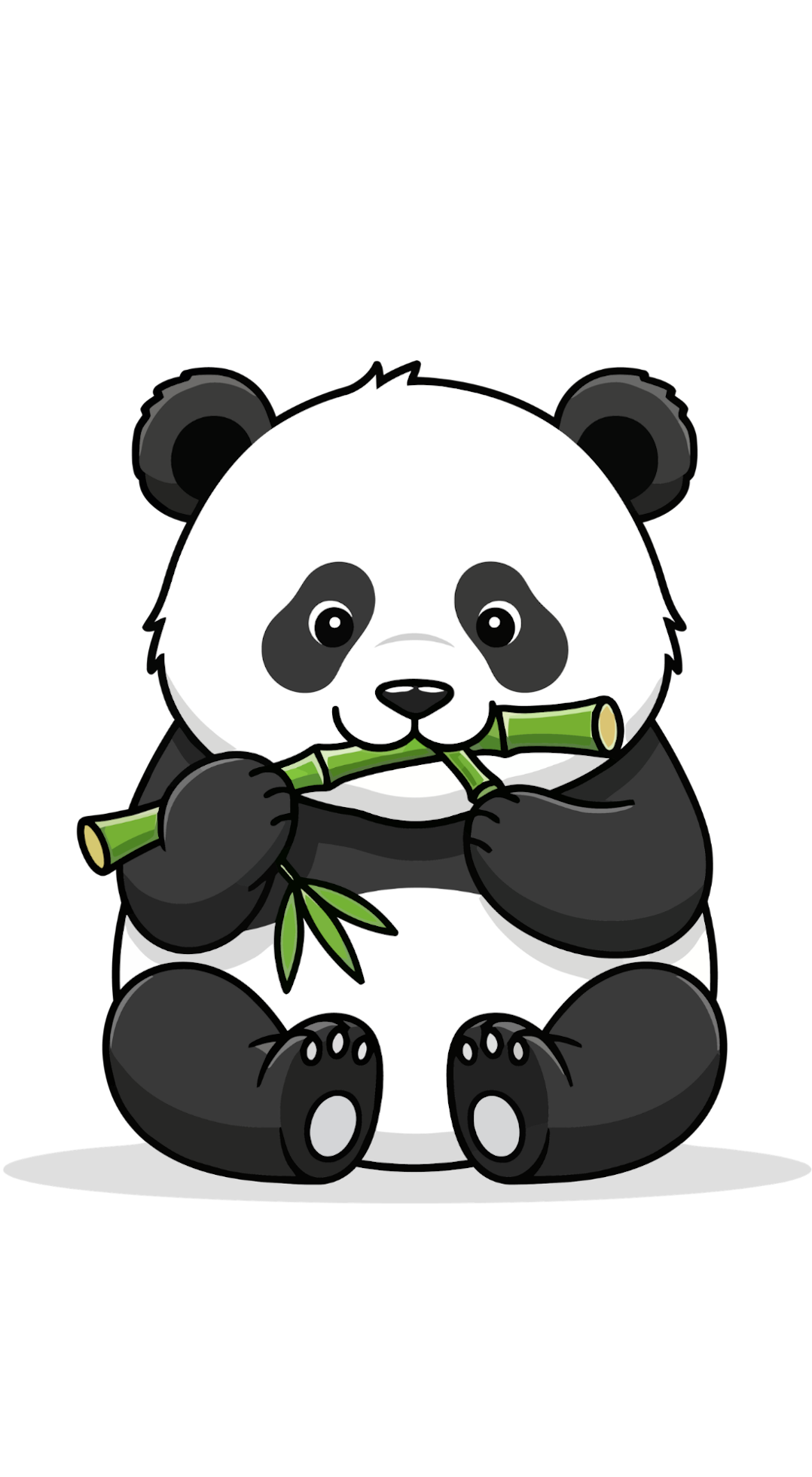 Rysunkowy panda siedzący i jedzący bambus, z uśmiechem i dużymi oczami.