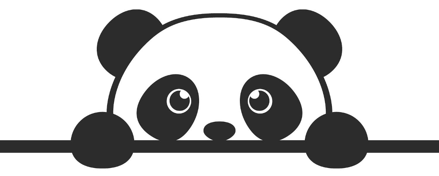 Panda z ciekawymi oczami, przechylona, z łapkami na krawędzi, w minimalistycznym stylu graficznym.