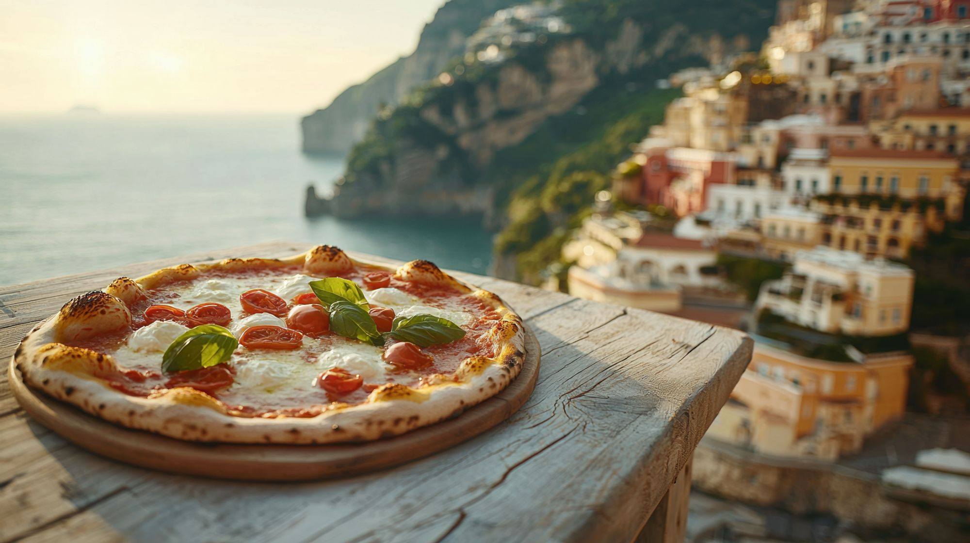 Pizza margherita na drewnianym stole z widokiem na malownicze wybrzeże.