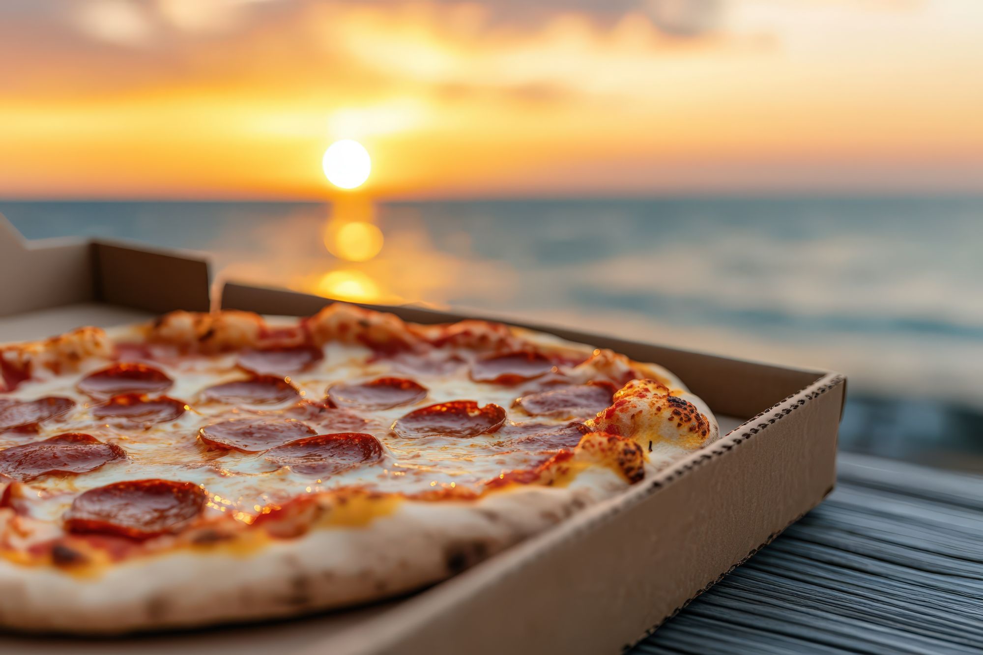 Pizza z pepperoni na tle zachodu słońca nad morzem.