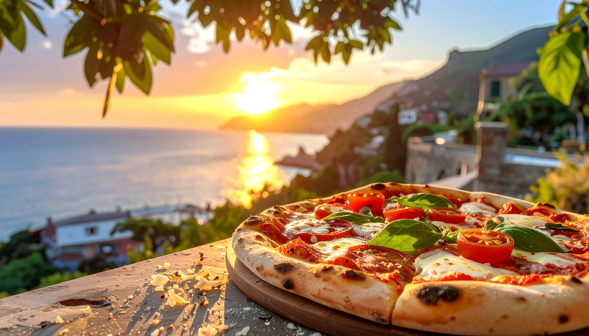 Pizza na tle zachodzącego słońca nad morzem, z widokiem na górzyste wybrzeże.