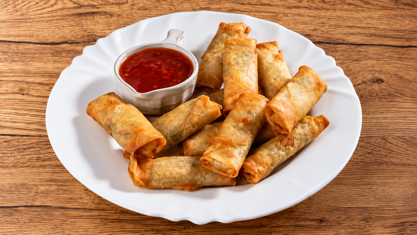 Rulouri de legume crocante pe un platou alb, servite cu sos dulce de chili.