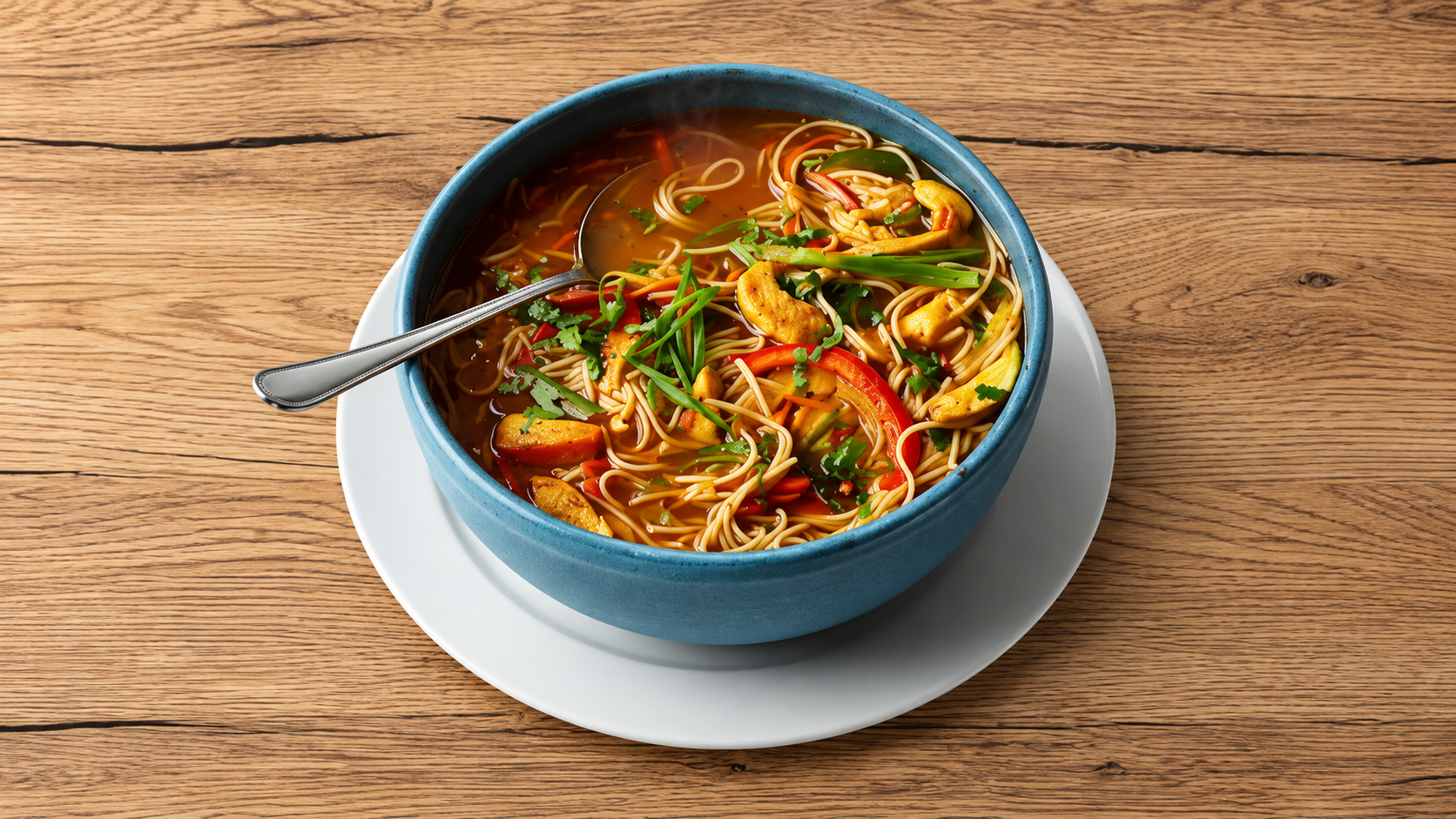 Bol cu supă de noodle, pui și legume colorate, servit pe un suport alb, pe masă din lemn.