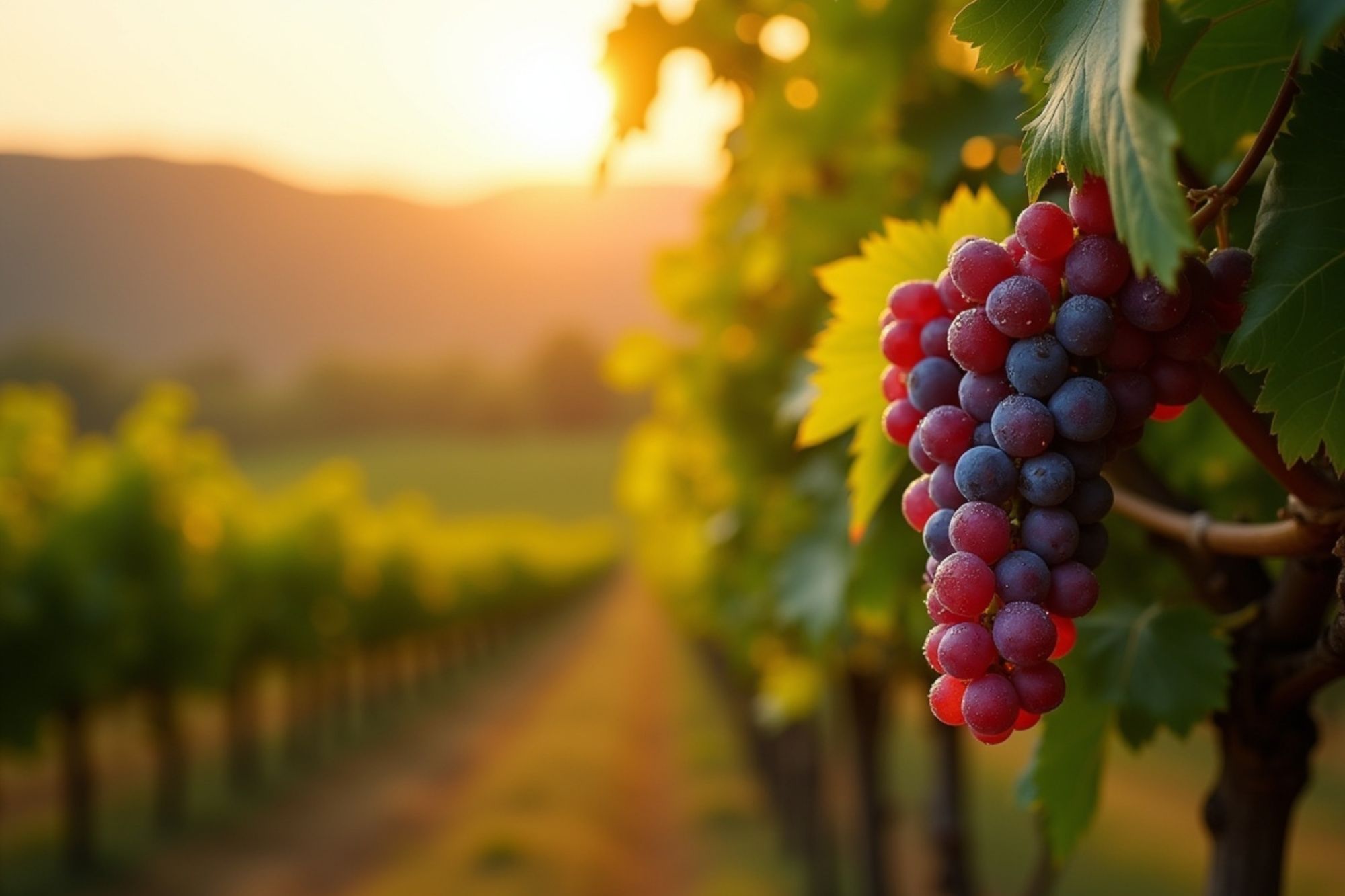 Zrele grožđe na vinovoj lozi uz zalazak sunca u vinogradu.