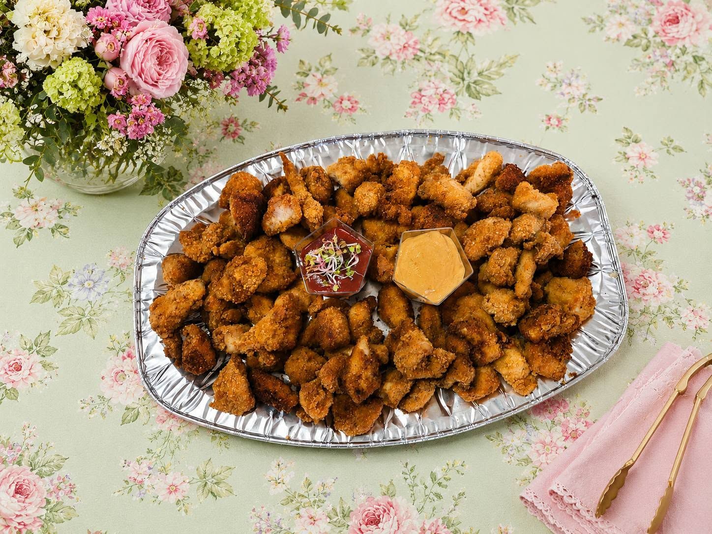 Talerz z panierowanymi nuggetami, sosy w miseczkach, w tle kwiaty na stole.