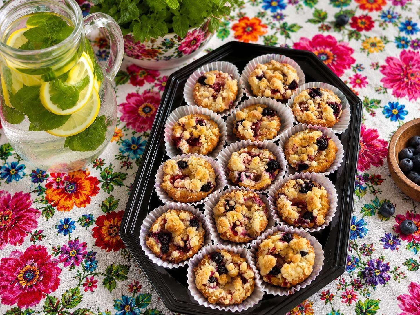 Muffinki z owocami na talerzu, obok dzbanek wody z cytryną i miętą, na kolorowym kwiatowym obrusu.