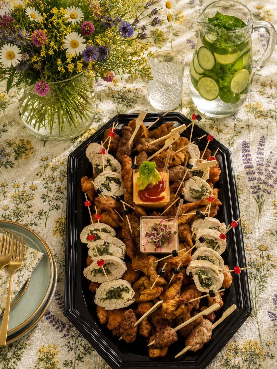 Talerz z różnorodnymi kebabami i roladkami z ziołami, obok dzbanek z wodą z ogórkami i kwiatowy bukiet.