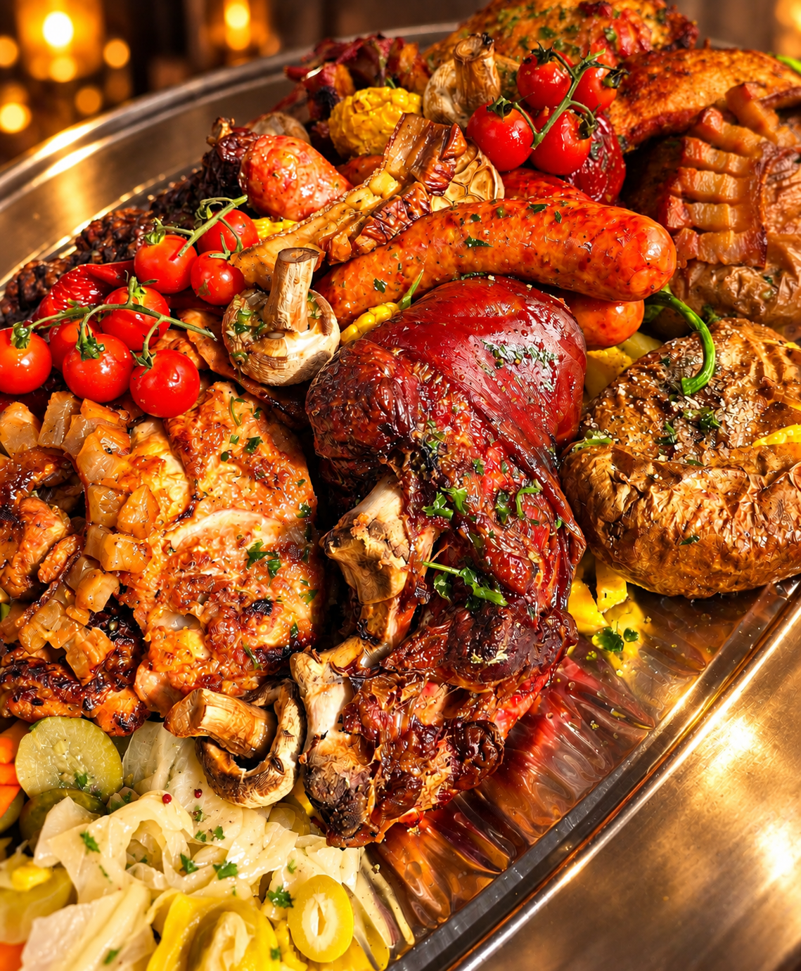 Platou cu diverse preparate din carne, legume, roșii și ciuperci, prezentat într-un aranjament festiv.