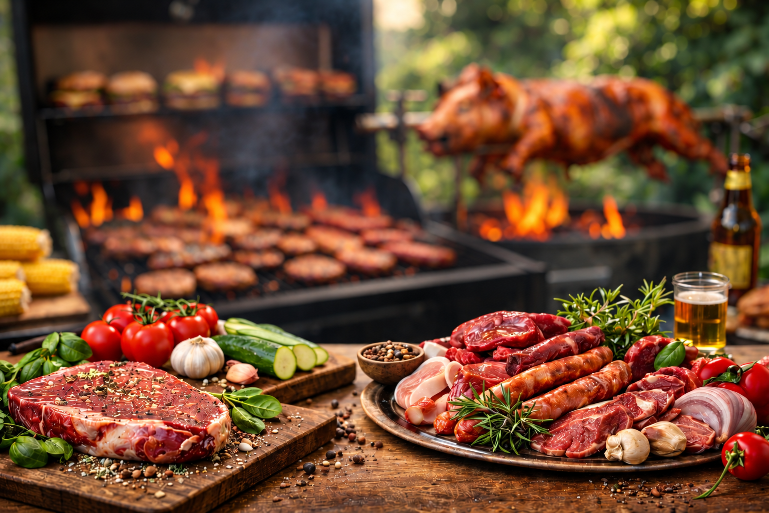 Grătar cu carne variată, legume proaspete și o mistre în fundal, în atmosferă de picnic.