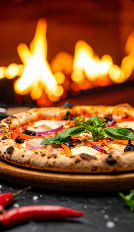 Pizza s rajčicom, maslinama i bosiljkom ispod vatre u pećnici.