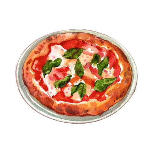 Vesela ilustracija pizze Margherita s rajčicom, mozzarellom i svježim bosiljkom.