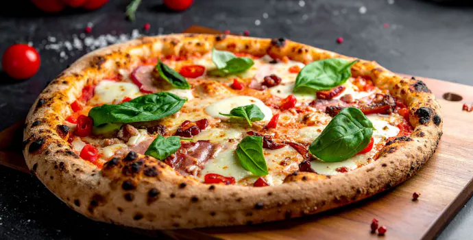 Pizza sa sirom, rajčicama, dimljenom slaninom i svježim bosiljkom, poslužena na drvenoj dasci.