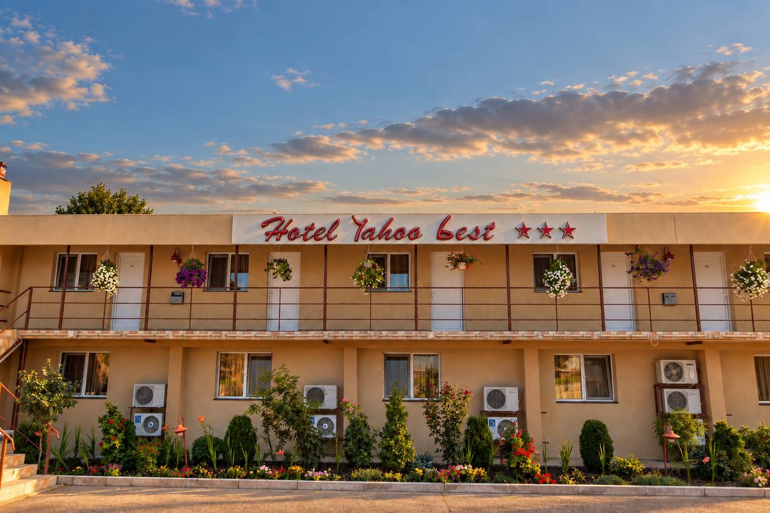 Hotel Yaho Best, clădire cu 3 stele, grădină verde și flori, în lumina apusului.