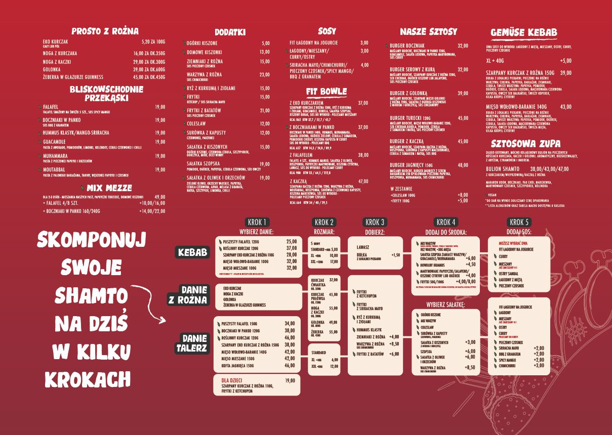 Menu w lokalu Shamto - Mokotów