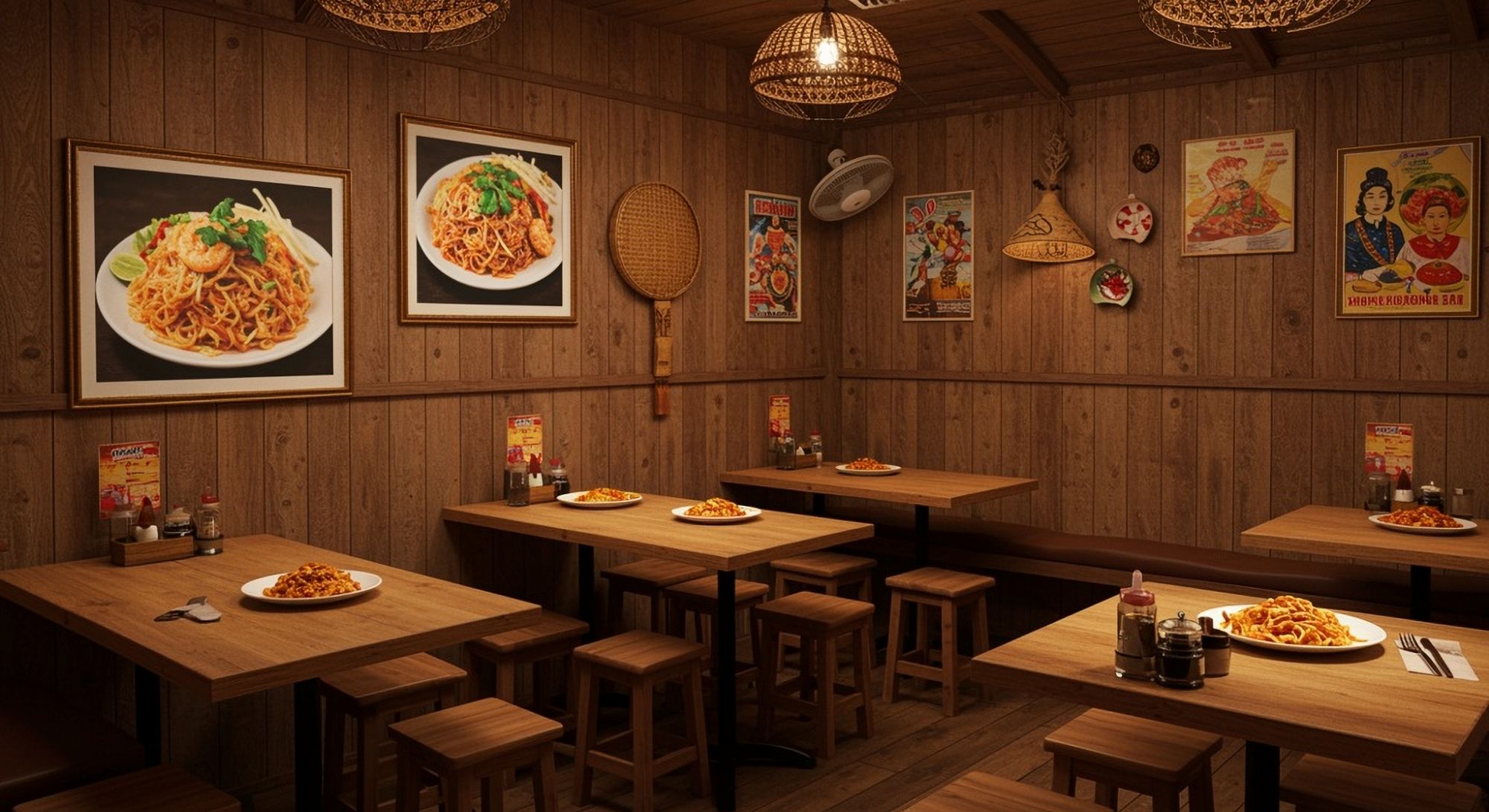 Wnętrze restauracji z drewnianymi ścianami, stolikami i talerzami makaronu na stołach, ozdobione plakatami.