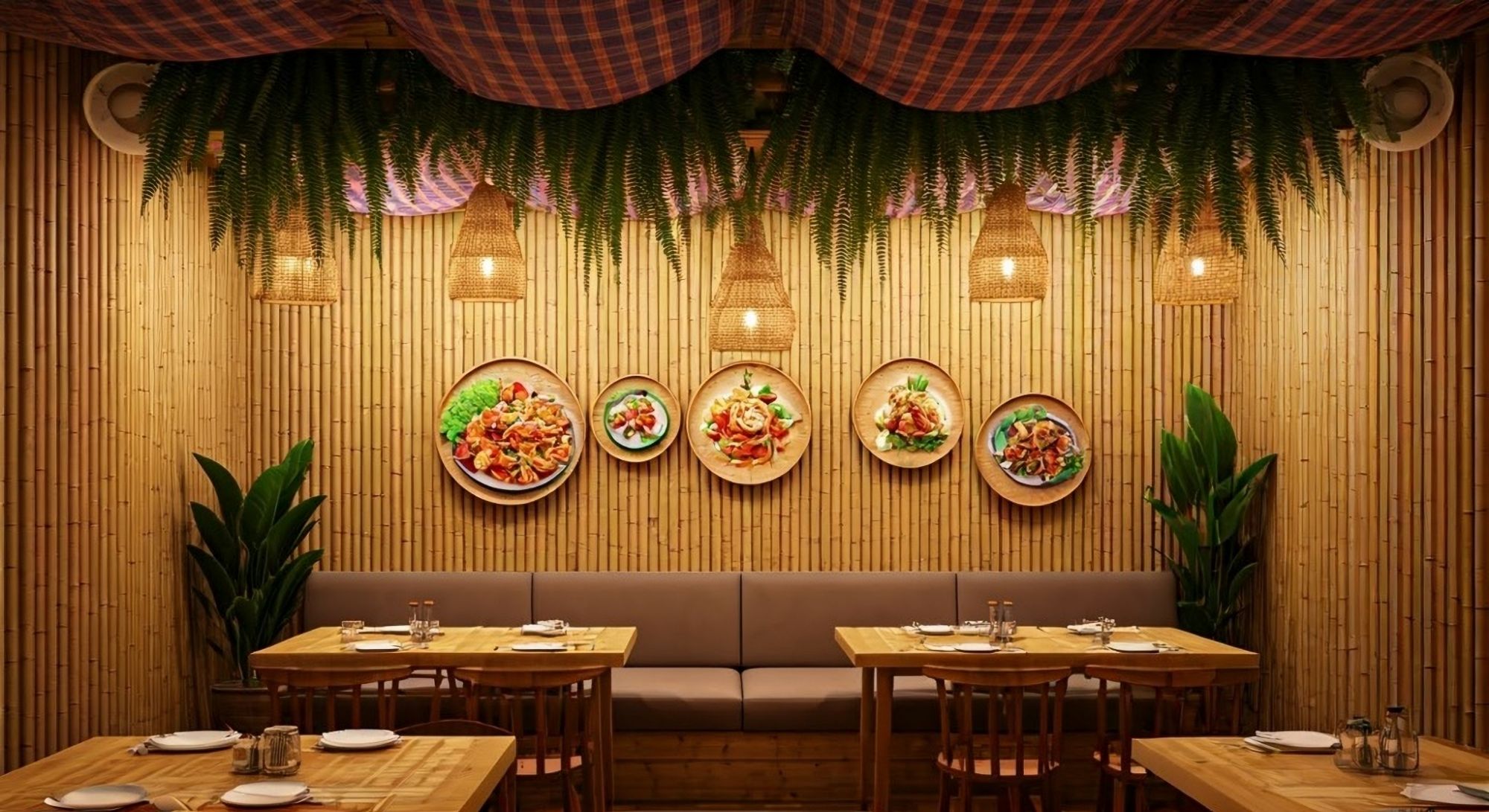 Przytulne wnętrze restauracji z drewnianymi stołami, roślinami i talerzami z potrawami na ścianie.