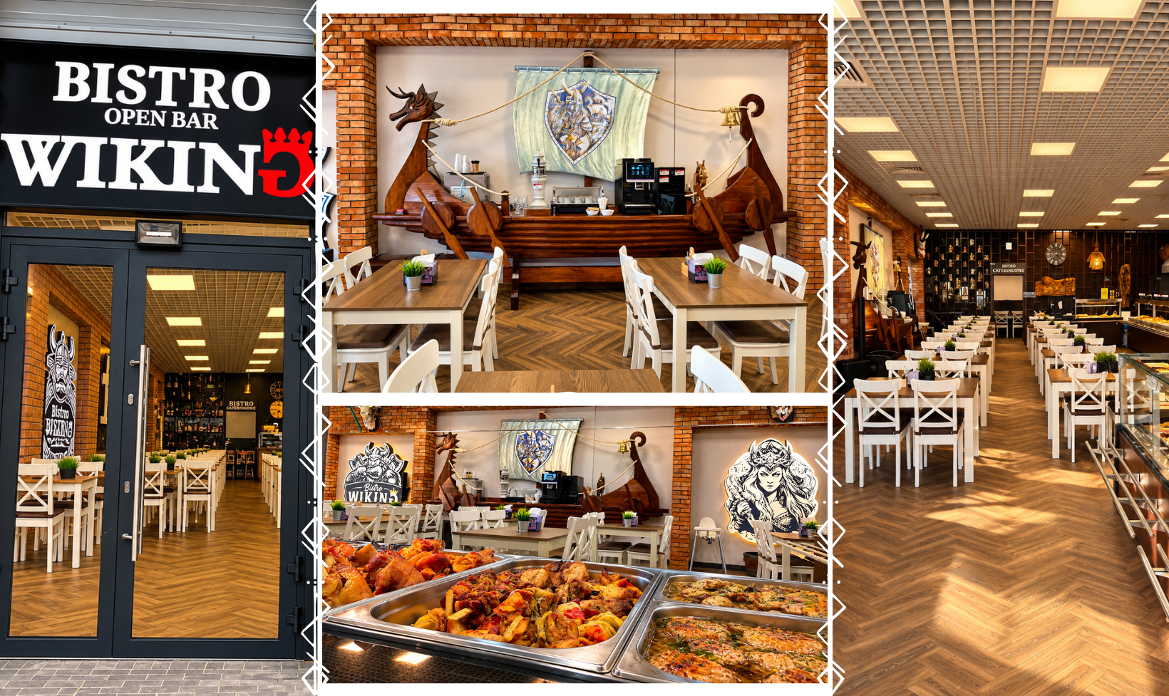 Bistro WIKING z nowoczesnym wnętrzem, drewnianymi detalami i pysznymi potrawami na stole.