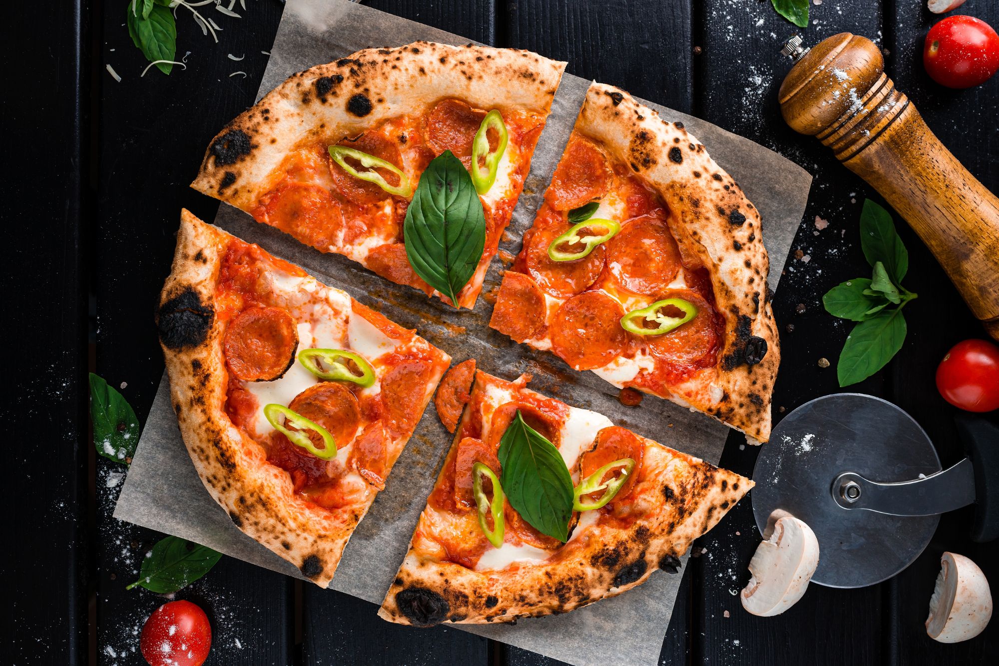 Pizza pepperoni z plasterkami papryczek i bazylią, na drewnianym stole, pokrojona na sześć kawałków.