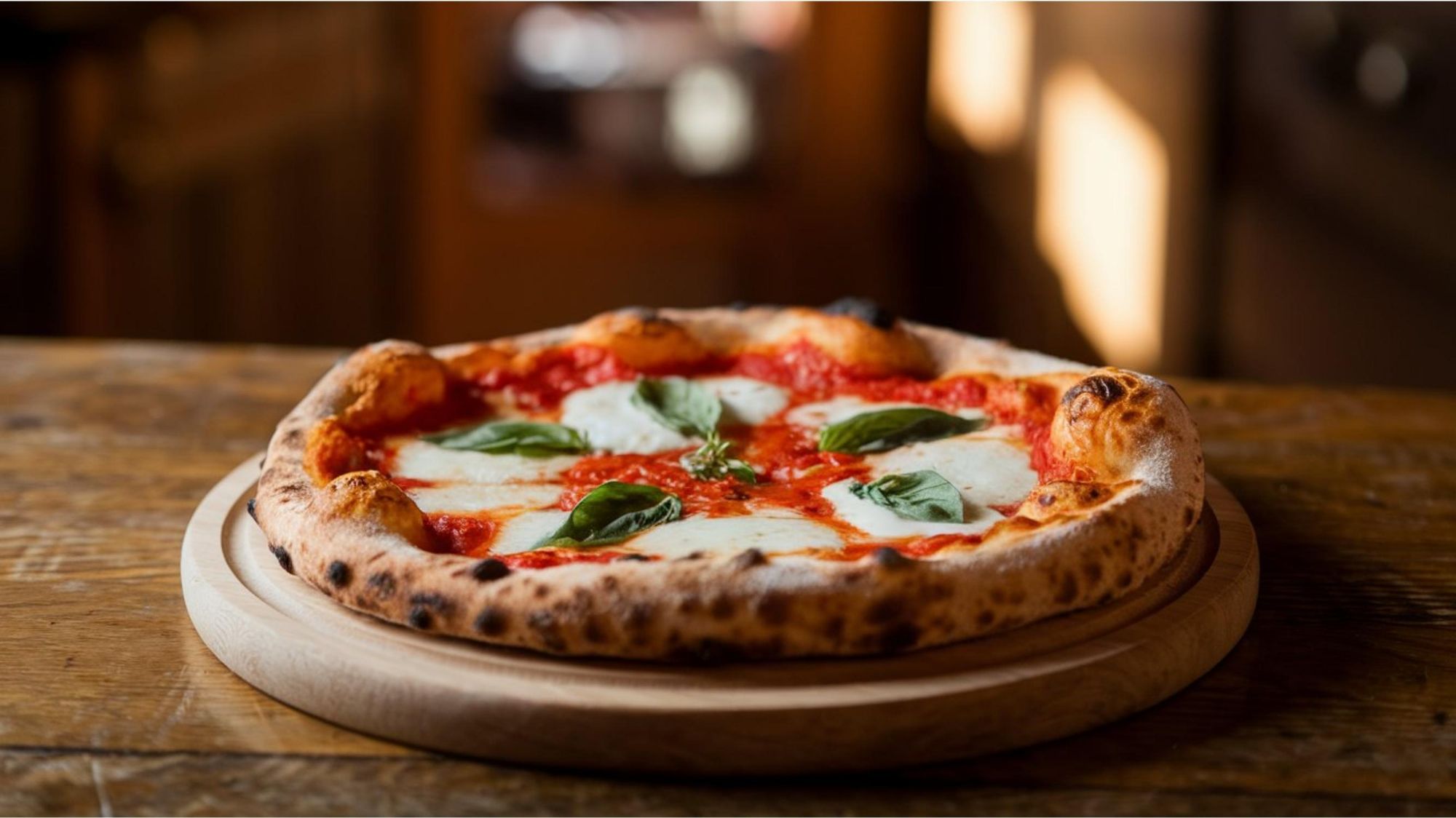 Pizza margherita na drewnianej podstawce, z sosem pomidorowym, serem mozzarella i bazylią.
