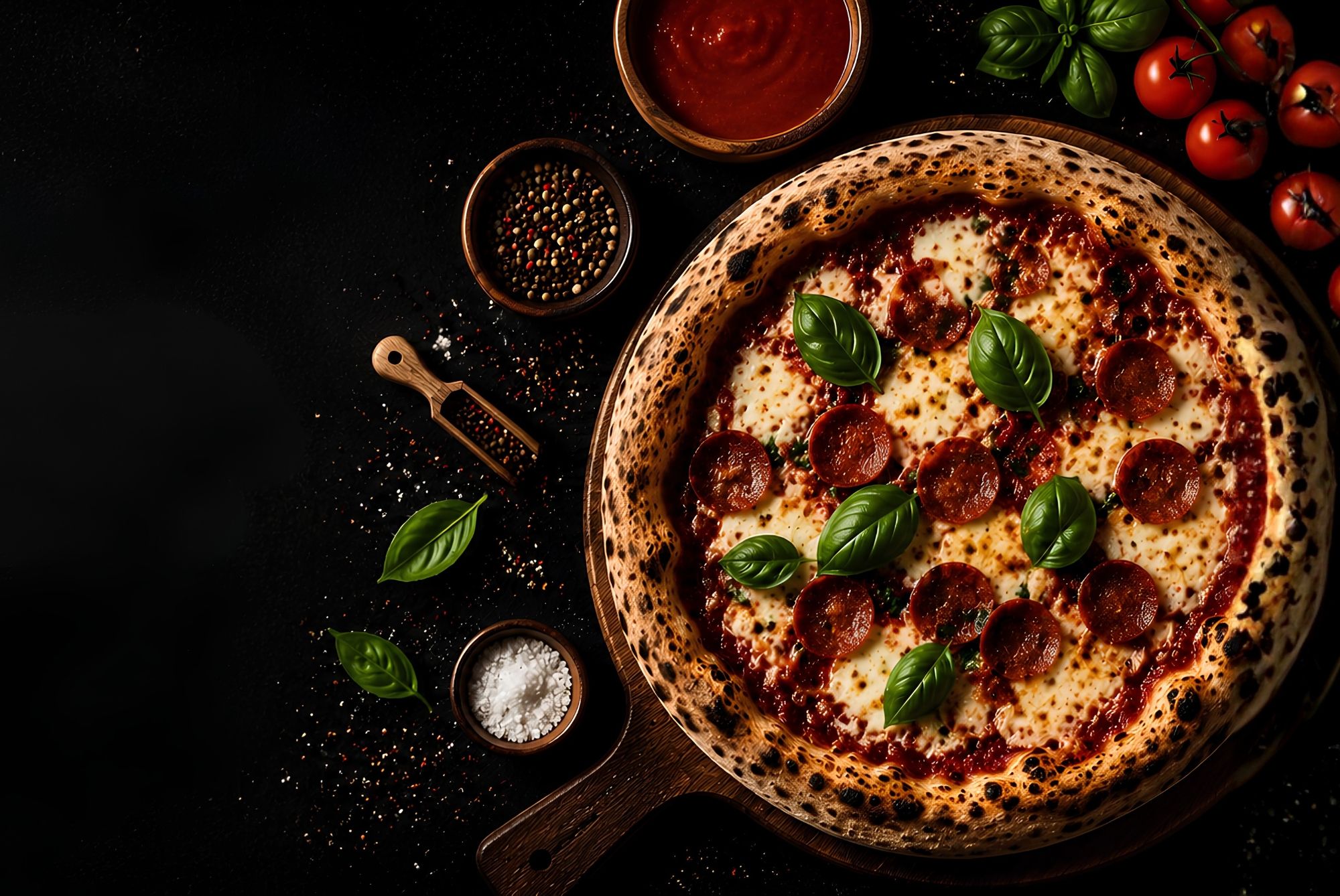 Pizza pepperoni z bazylią, sosem pomidorowym i przyprawami na czarnym tle.