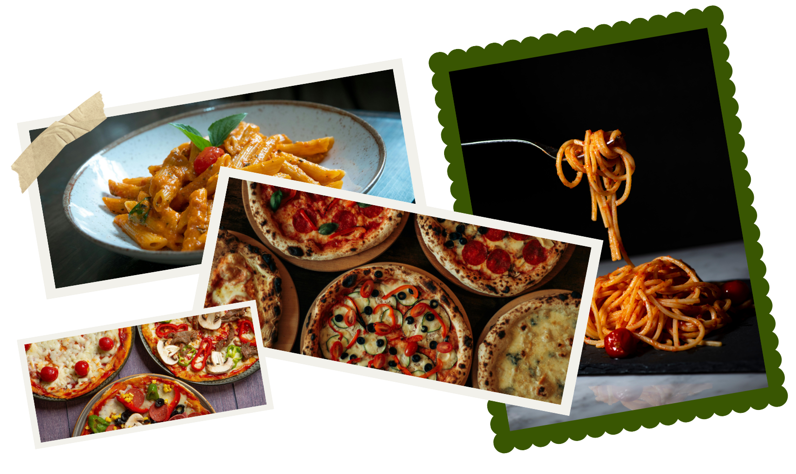 Różnorodne potrawy włoskie: makaron, pizza i spaghetti, podane na talerzach i w miskach.