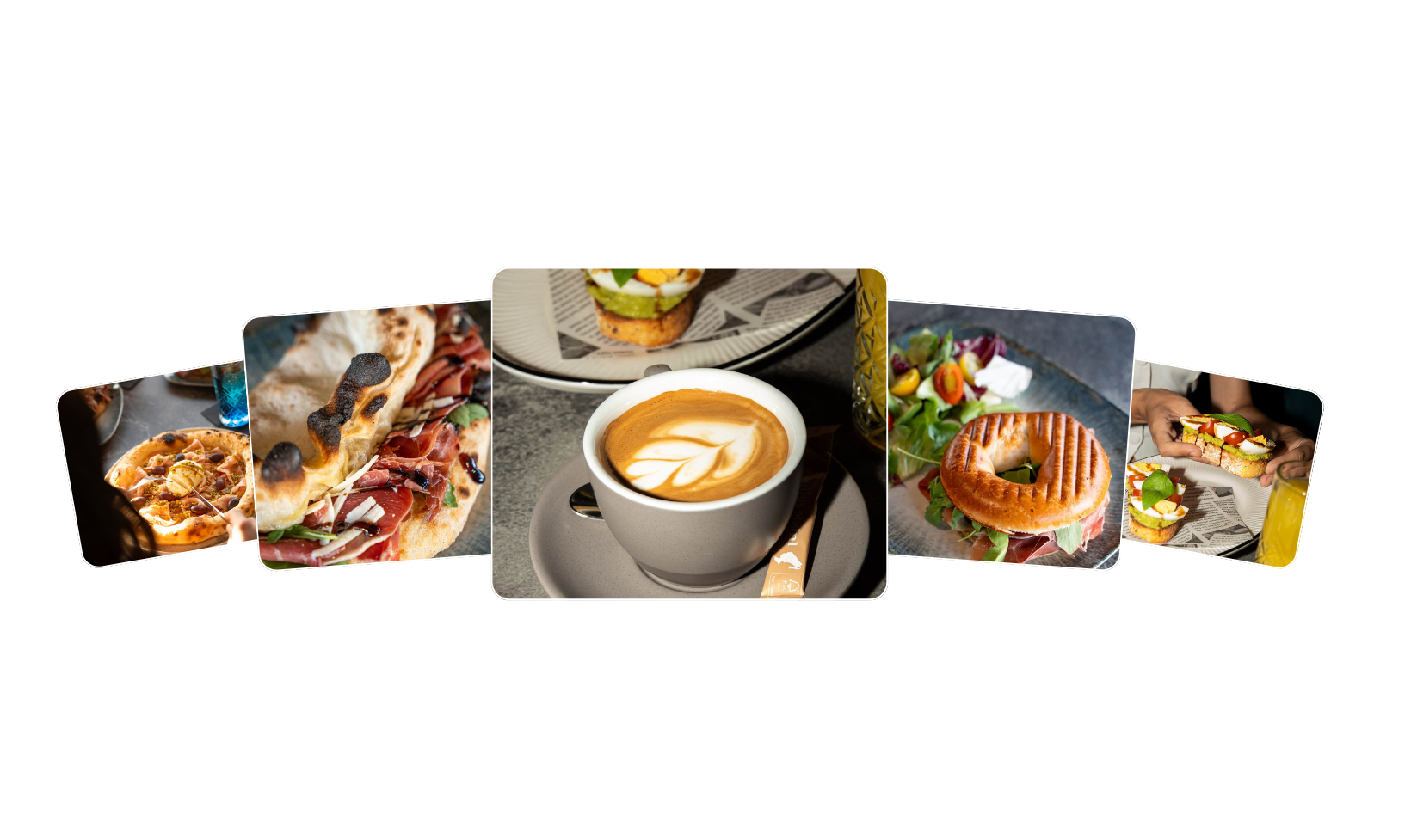 Raznolika hrana i napici, uključujući cappuccino, pizzu i salate, posluženih na elegantnim tanjurima.