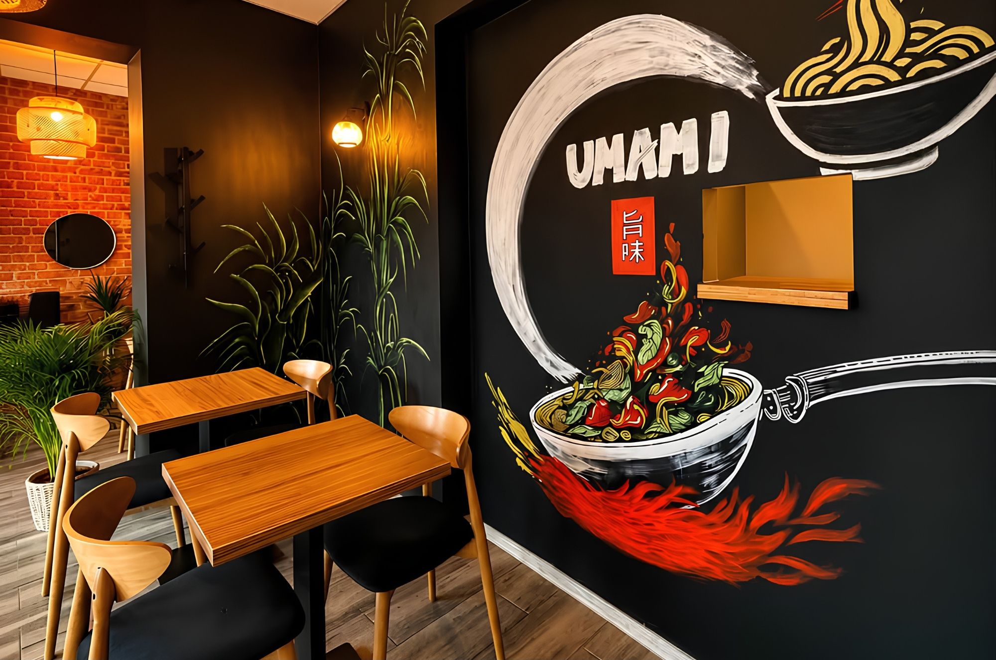 Ściana w restauracji z muralem przedstawiającym miskę z makaronem i warzywami, w nowoczesnym wnętrzu.