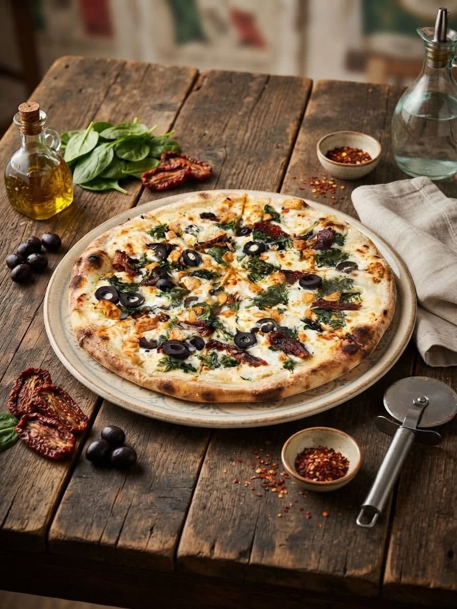 Pizza na drewnianym stole, z oliwkami, suszonymi pomidorami, serem i szpinakiem. W tle oliwa i przyprawy.