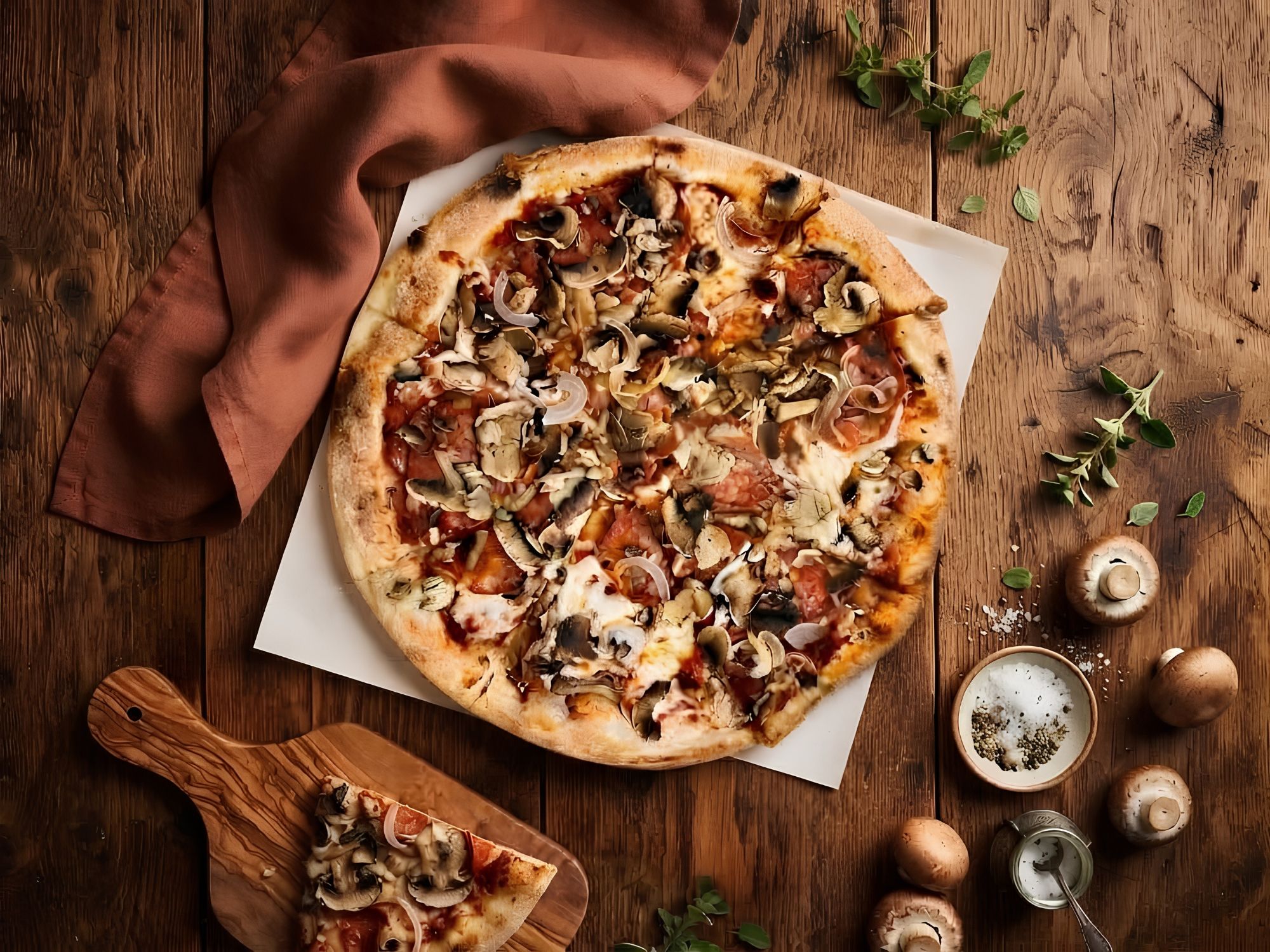 Pizza z grzybami na drewnianym stole, obok przyprawy i ława z materiału w kolorze pomarańczowym.