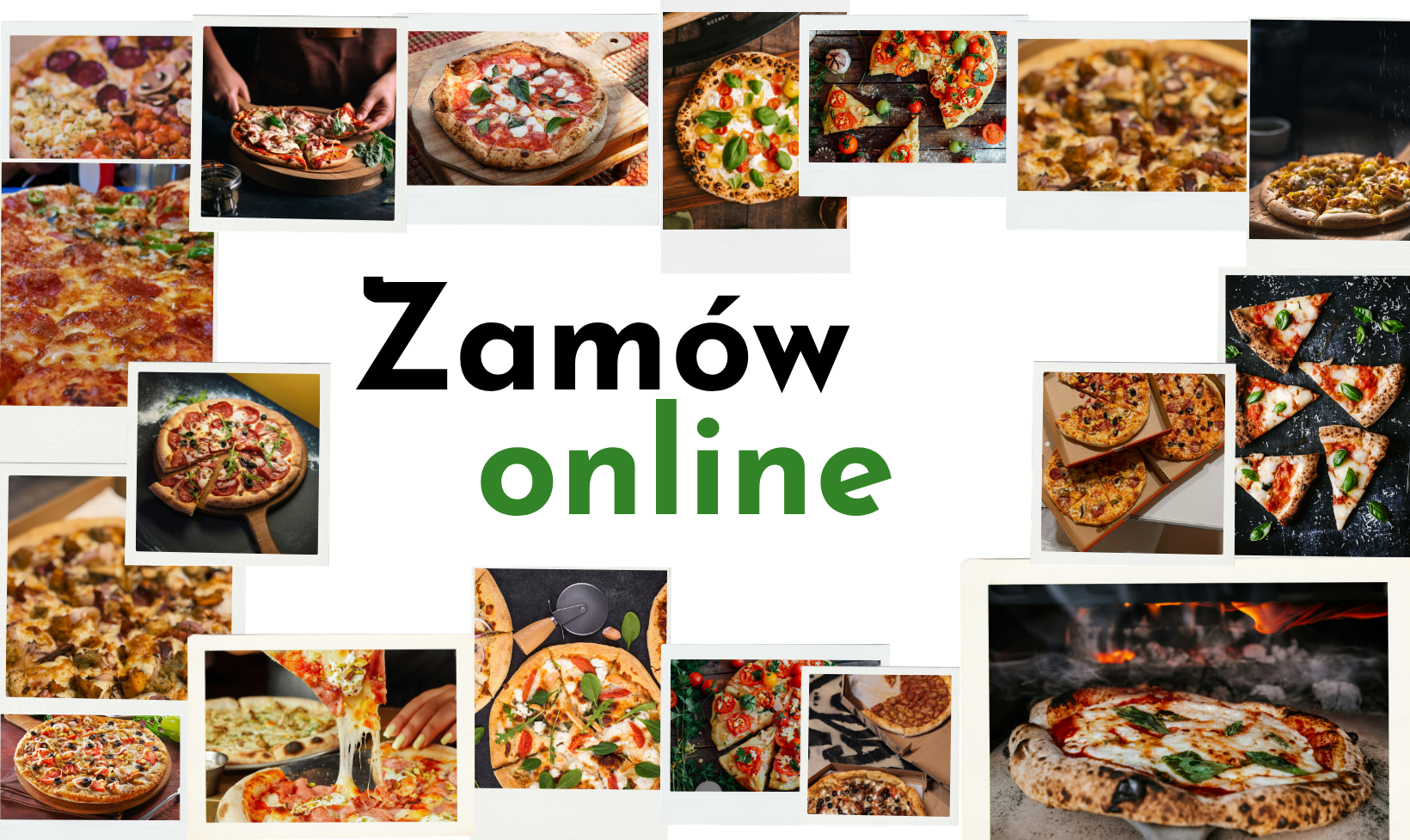 Zróżnicowane pizze na talerzach, zdjęcia różnych stylów i rodzajów pizzy w tle z napisem "online".
