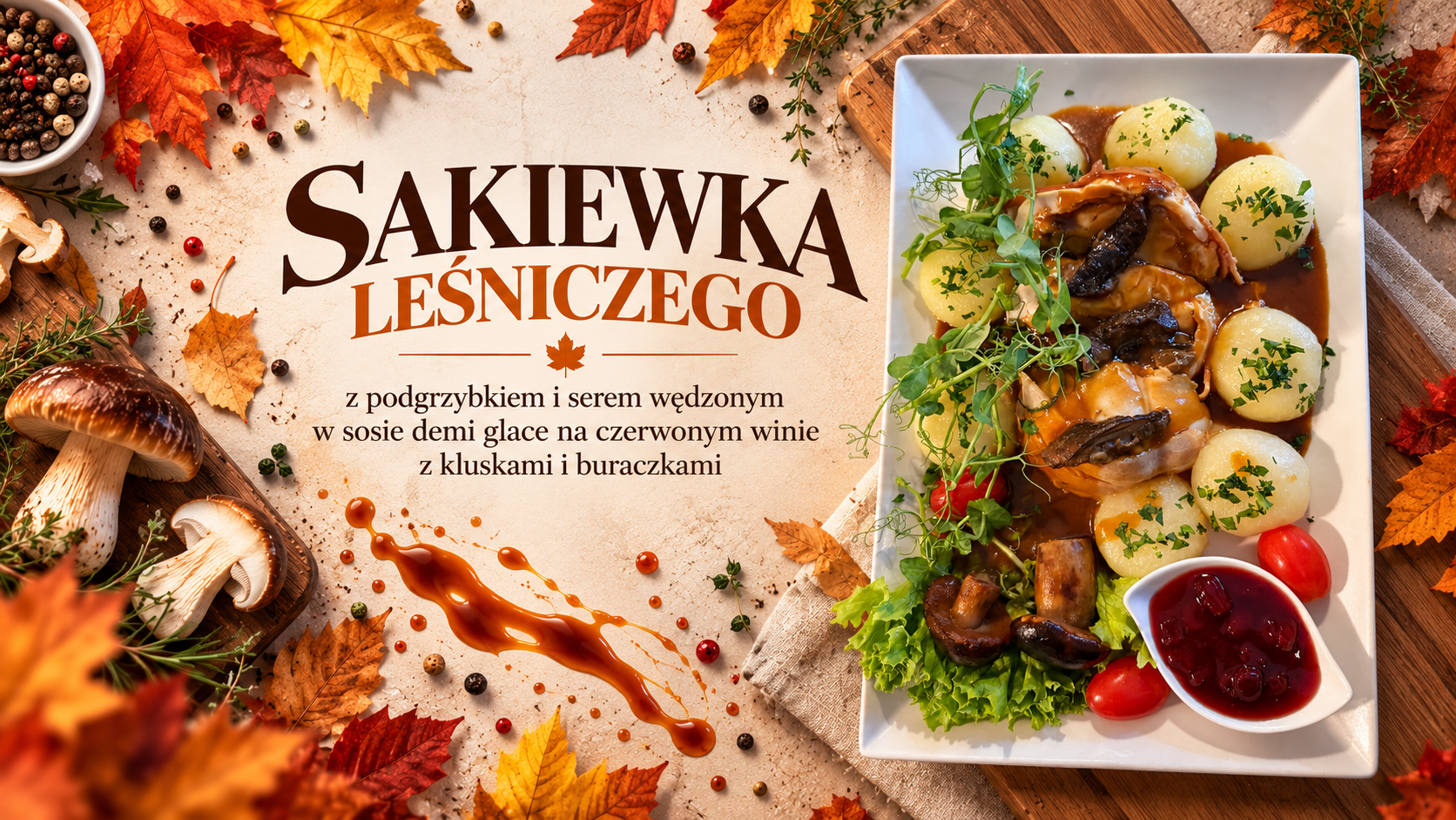Sakiewka leśniczego z podgrzybkiem, serem, kluskami i buraczkami na talerzu, otoczona liśćmi i grzybami.