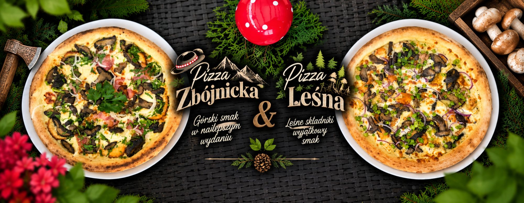 Pizza Zbojnicka i Pizza Lesna otoczone świeżymi składnikami, dekoracyjne tło z roślinnością i grzybami.