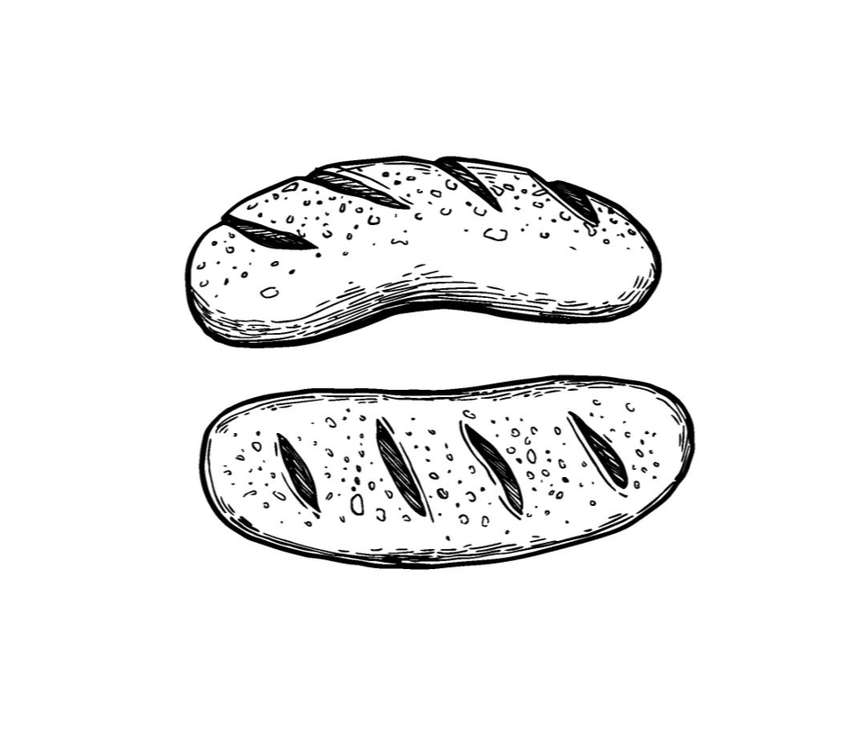 Rysunek dwóch bochenków chleba z wyraźnymi nacięciami na wierzchu.