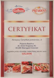 Z wielką dumą informujemy, iż otrzymaliśmy Certyfikat potwierdzający używanie wyłącznie najwyższej jakości sera Mozzarella Galbani do wypieku Naszej pizzy.